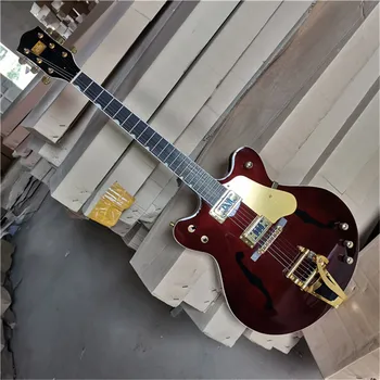 Електрическа китара с полупустым корпус вино-червено на цвят със златна обкова, предложението за поръчка