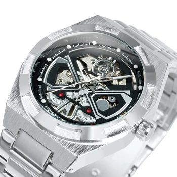 Модни механични часовници с неправилна форма на скелет, светещите стрелки, каишка от неръждаема стомана, Луксозни Автоматични мъжки часовник New Forsining