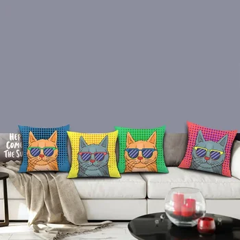 Модни калъфка с котка, котка със слънчеви очила, декоративни калъфки за възглавници, детска стая, легло, диван, хол, калъфка 40x40 см