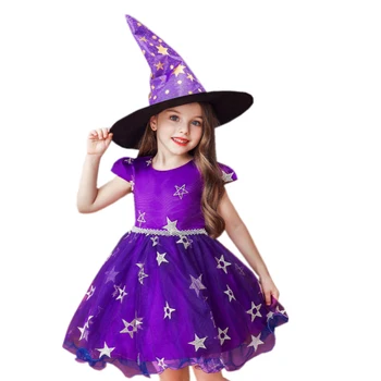 Нови елегантни рокли за деца на Хелоуин от Costme, комплект дрехи вещици с блестящи звезди и шапка, пищни принцеса рокля за парти, хит на продажбите