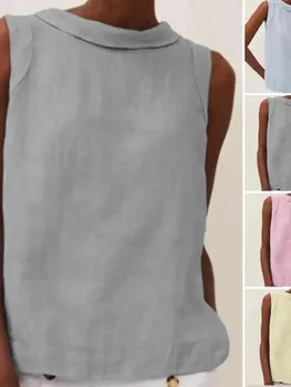 2023 Нова дамска риза с къси ръкави с яка-часова без ръкави от плътен памук и лен