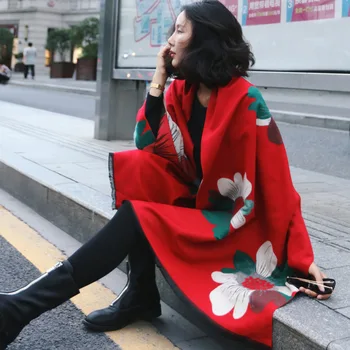 Универсална шал, цветен шал, дамски зимни корейската версия, двупосочен дебели женски вълнен дъждобран с двойно предназначение, топъл шал