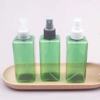 за многократна употреба пластмасова бутилка парфюм квадратна форма, зелен цвят, обем 200 мл, с помпа-спрей