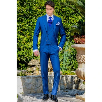 Най-новите модели Палта И панталони в кралско Синьо Италиански Мъжки Костюм Класически Нежна Смокинг Сако За Бала На Поръчка Яке от 3 Части (Яке + Панталон + елек)