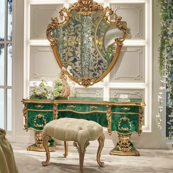 Обичай европейския луксозен скрин от масивно дърво изумрудено-зелена златна фолио Френска придворная резба огледало за грим, бюро мебели за спалня