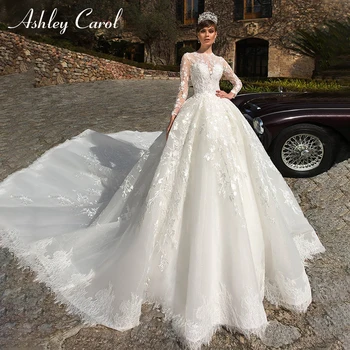 Бална рокля Ашли Карол, сватбени рокли 2024, Апликации от мъниста с кръгло деколте и дълъг ръкав на Сватбена рокля в катедралата на булката, Vestidos De Новия