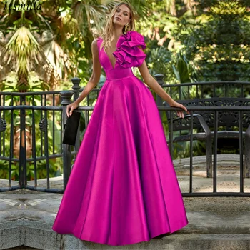 Itsmilla Vestidos De Gala Вечерни рокли за абитуриентски бал, цвят фуксия с къдри на едно рамо, сатенени вечерни рокли за специални случаи
