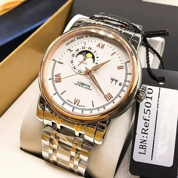 Мъжки часовник LOBINNI, автоматични механични часовници Sun Moon, бизнес ръчен часовник с каишка от неръждаема стомана, сапфировые водоустойчиви часовници
