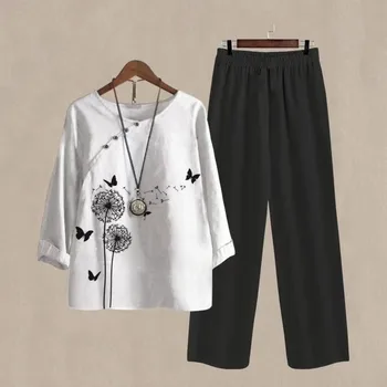 Жена комплект от две части с флорални принтом, лятна ежедневно бельо риза с копчета, комплекти, панталони, свободна блуза с висока талия, топ и комплекти за панталони