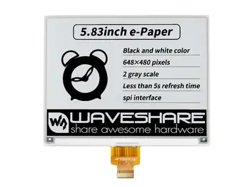 Waveshare 5,83-инчов дисплей E-Paper E-Ink Raw, 648-480 пиксела, черно-бял, интерфейс SPI, Без печатни платки