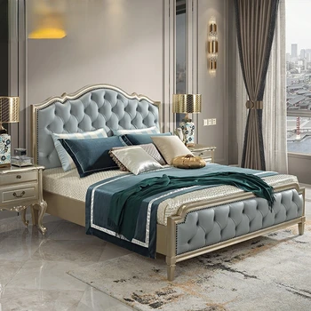 Американската лека луксозно легло Европейската Кожена Двойно 1,8 м модерни сватбени легло с кожена облегалка от масивно дърво проста европейската Капитана легло