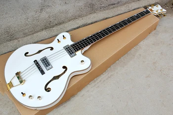 Електрическа бас-китара с 4 струни цвят бял с кухи черупки и златна обкова, предложението за поръчка