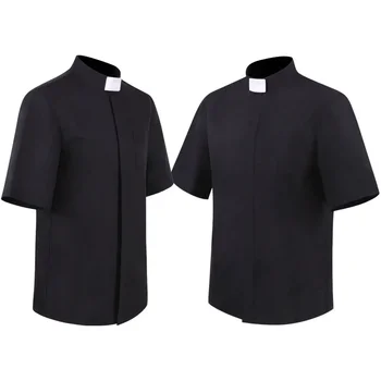 Риза за ролеви игри Pastor Priest Cos, черен костюм с къси ръкави, черна риза с къс ръкав, свещеник-мисионер