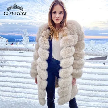Натурална зимно дамско палто от лисьего кожа с кръгло деколте с дължина 90 см, цели кожата на момичето, лисича кожа, топло, модерно палто с дълъг ръкав FC-054