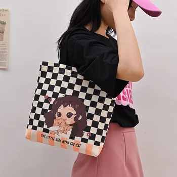 Холщовая чанта с изображение на ученичка в колеж, чанта за правенето на литература и изкуство, корейската пазарска чанта с голям капацитет с едно рамо