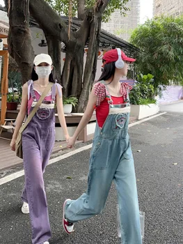 дамски дънки 2023 Годишният елегантен дизайн, свободни широки розови панталони за момичета, гащеризон, корейски случайни деним гащеризон