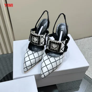 Летни Луксозни сватбени обувки на висок ток с метален остър пръсти и посочи джапанки отзад дамски модел обувки 34-43