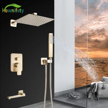 Смесители за душ в банята Матово златен цвят, монтиране на стена, дъждовна накрайник за душ, смесител за душ с топла и студена вода, лесен за инсталиране в кутия