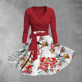 Коледа женско класическо чаено рокля С дълъг ръкав, V-образно деколте и колан, меню с коктейли на парти, Елегантни реколта рокли, костюми