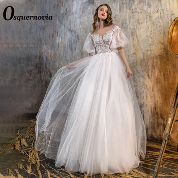 Приказно булчинска рокля с А-силует Osquernovia, Дантелени апликации, Сватбена рокля с дължина до пода, с кръгло деколте и копчета, Vestido De Noiva, Персонализирани