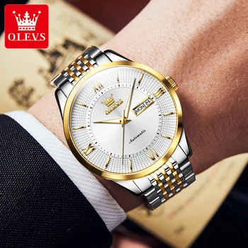 OLEVS 6657 Луксозни бизнес мъжки автоматично механични часовници е от неръждаема стомана, сапфирено стъкло, висококачествени водоустойчиви мъжки часовници 50 м