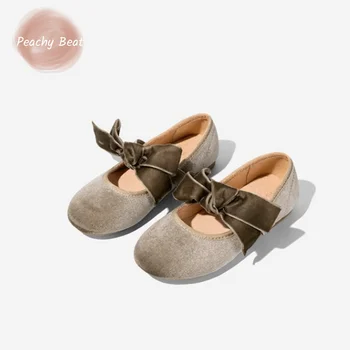 Модерни обувки за малки момичета Принцеса Veulettes Бебе или малко Дете Дете на равна подметка Танц лък Ретро Обувки с мека подметка Пролет Лято Есен