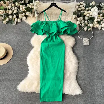 Висококачествено Лятото женствена рокля-молив с зелените къдри на тънки спагети презрамки 2024 г., Модно Сексуално Коварен Улично рокля с високо качество, на Новост
