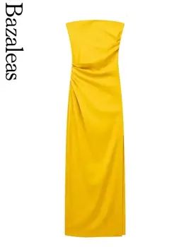 2023 женствена рокля трафика на zbza Елегантен жълт цвят с намаляване на Миди, Цели Рокля Със Странични рюшами, Женствена рокля без ръкави Slim Fit, официалния магазин за целия свят 
