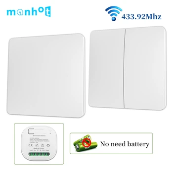 Безжични интелигентни стенни ключове Manhot RF433Mhz Не е необходима батерия, с Автономен Водоустойчив прекъсвач светлина с дистанционно управление 16A Home