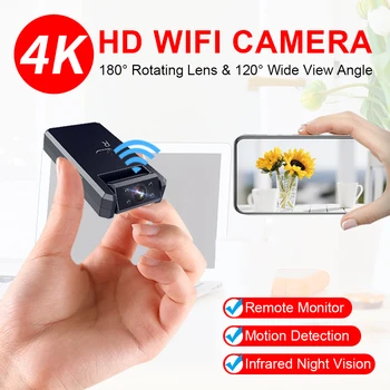 Мини камера 4K Wifi със завъртане на 180 ° Безжична IP камера HD нощно виждане Домашно видео наблюдение Преносима камера за откриване на движение