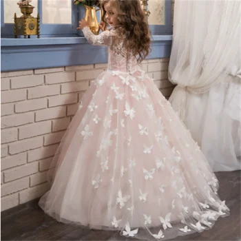 Бална рокля за момичета в цветенце, рокли за сватба, пакетче принцеса с пеперуда, Лейси апликация, чрез шнурове, винтажное рокля за първо причастие за момичета