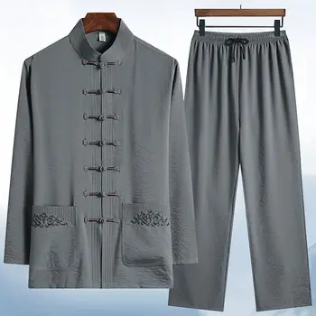 Пролет-лято, памучен риза от ледената коприна с дълги ръкави, костюм в китайски стил за възрастни хора, Свободни ежедневни, спортни блузи, Комплект панталон, мъжки дрехи