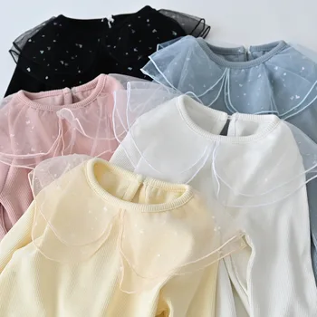 Пролет-Есен Тениска За момичета 2021, Нова Базова риза За момичета в Корейски стил, с яка 