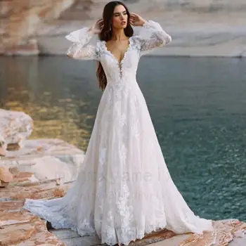 Секси сватбена рокля в стил бохо 2023, Трапециевидный V-образно деколте, расклешенный дълъг ръкав, дантелени апликации, тюлевый струята, сватбената рокля Vestidos De Noiva
