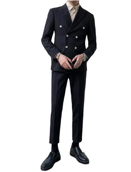 Мъжки костюм на райета, двубортный сако с копчета, панталони с ревера, Бизнес костюм от две части, смокинги за младоженеца на бала