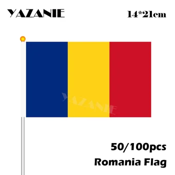 ЯЗАНИ 14*21 см. 50/100 бр. Ръкавни Знамена Румъния с Пластмасови Ръчни Вътрешни И Външни Международни Банери, Окачване На Флагштоке, Флаг