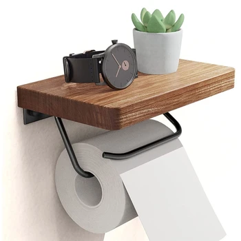 Стенен държач на руло плат с дървени тава Опаковка тоалетна хартия Опаковка на руло кърпа за баня, кухня, спалня