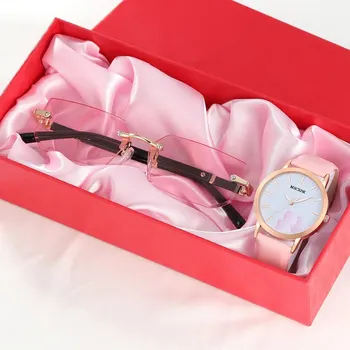 Модерни Розови часовници и слънчеви очила, Дамски ежедневни часовници на кожени колана си, прости дамски кварцови часовници, Часовници за рокли Montre Femme