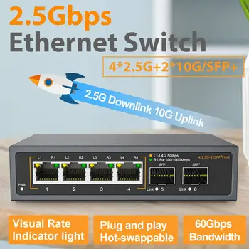 2,5 Г Мрежов Комутатор за Ethernet Unmanaged Hub Локална мрежа 4*2,5 ГРАМА + 2*10 Г SFP + Пристанища на Възходящата Връзка Безвентиляторный за NAS Wifi Рутер на Безжична Точка за Достъп VDI