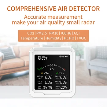 SASHA WIFI Многофункционален Монитор с качеството на въздуха, Термогигрометр, Алармени и Газ детектор за ФПЧ2.5/PM10/HCHO/C6H6/CO2 Сензор