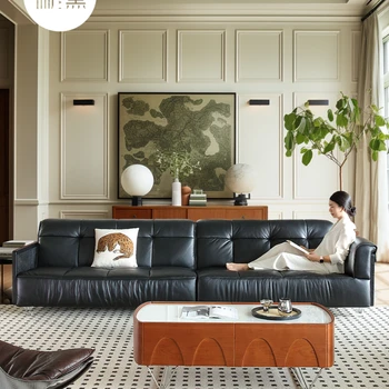 Голям плосък диван в американски стил, ретро стил, дълбоко Нов кожен диван