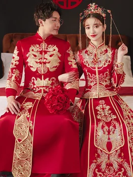 Модерна източна двойка Чонсам, Червено атласное китайското традиционната сватбена рокля Ципао с бродерия на дракон и Феникс