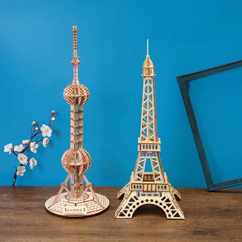 Мини-модел на Oriental Pearl Tower, 3d Дървен пъзел ръчна изработка, изделия от дърво, 3D пъзели за деца 7-14 години, миниатюри