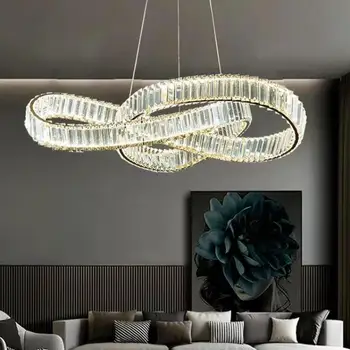 Луксозни кристални полилеи Led K9 с кольцевым извънбордов светильником от неръждаема стомана Rc с регулируема яркост, висящи лампи за декоративно осветление на хола