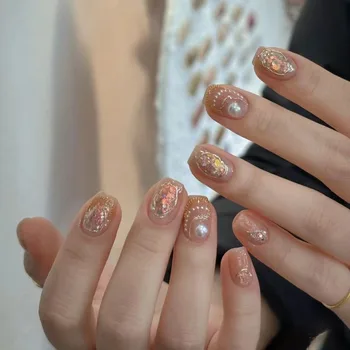 10шт Корейски режийни нокти ръчно изработени Изкуствени блестящи перли Y2k, Върховете на ноктите с лепило