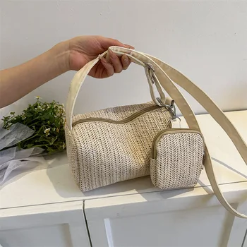 Дамска чанта, изработена от слама, тъкани 2023 Пролет, Свежа Чанта на едно рамо, Плажен туризъм, Плажен туризъм