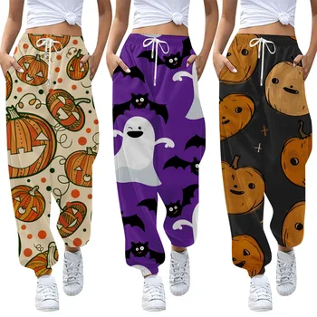 Дамски панталони със завързана принтом на Хелоуин, на женската риза с копчета и дълъг ръкав и панталони, ежедневни пижами, миниатюрни спортни панталони за жени