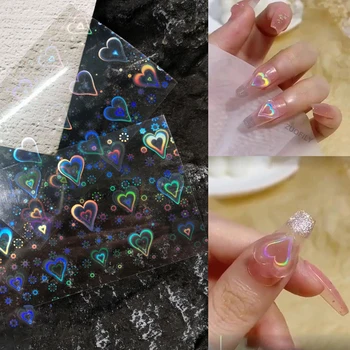 2 листа лазерни 3D стикери за дизайн на ноктите под формата на сърца, стикери за нокти Aurora, Дизайн на маникюр, под формата на динамични сърцата, Аксесоари за златни Фейерверковых звезди със собствените си ръце