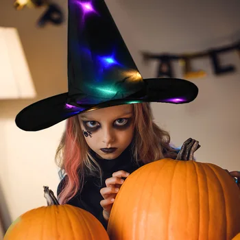 1 бр. Шапка на вещица за Хелоуин с led подсветка, светещ Шапка на вещица, Окачен декор за Хелоуин, дърво, Светещ шапка за деца