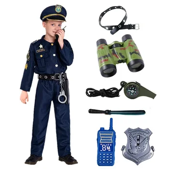 Костюм на полицай за деца, елегантен костюм американски полицай за момчета със свистком, рацией, играчки и подаръци
